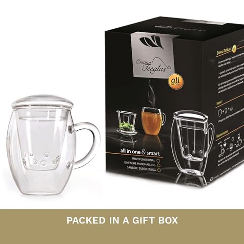 Creano Tea Glass with Infuser and Lid 400ml - Large Tea Cup - Microwave & Dishwasher Safe - Loose Leaf Tea Maker Gift Set