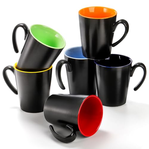 Yesland 6 Pack Ceramic Coffee Mug Set, 12 oz Restaurant Coffee Cups with Large Handle Drinking Cups for Tea, Latte, Cappuccino, Milk, Black Outside and Colorful Inside, Dishwasher and Microwave Safe