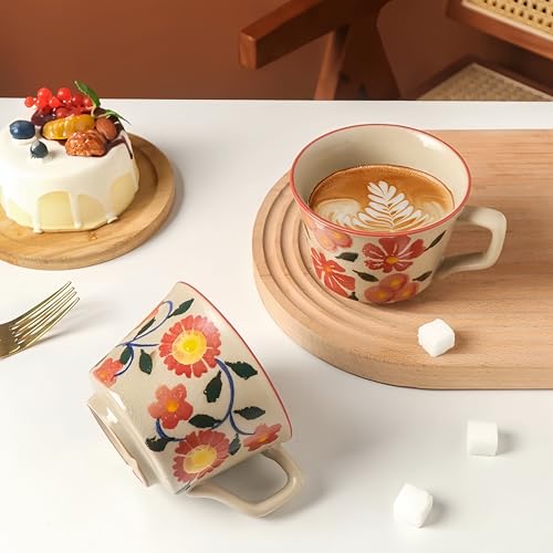 LINVIA Floral Mug, 12oz Ceramic Coffee Cup for Tea Latte Cappuccino, Unique Crackle Glaze Stoneware Teacup with Large Handle, Gift for Women and Men (Set of 2, Red Set)