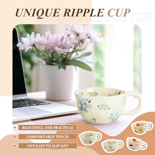 Vesici 4 Pcs 4 Styles Ceramic Cute Mugs Flower Coffee Mug 8.5 oz Irregular Aesthetic Ceramic Porcelain Flower Tea Cup with Handle Dishwasher Microwave Safe for Office Home Gifts