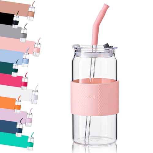 ColoVie Glass Tumbler with 3 IN 1 Lids and Glass Straws(Extra Silicone Tips), Silicone Protective Sleeve, Iced Coffee Cup, Travel Water Bottle, Soda Beer Can Shaped Cups, Hot Tea-Chalk Pink 20oz 1pc