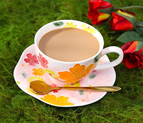 Noviko Cute Coffee Mug with Saucer,Ceramic Tea Cup Unique Coffee Mugs for Women (Orange Bulbous Orchids)