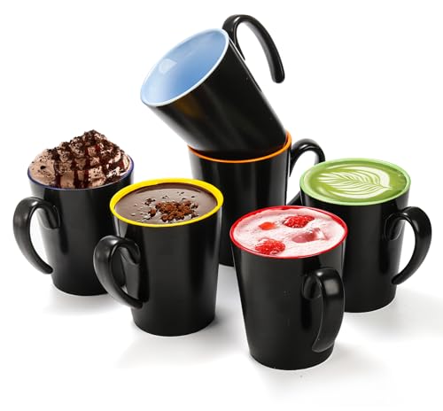 Yesland 6 Pack Ceramic Coffee Mug Set, 12 oz Restaurant Coffee Cups with Large Handle Drinking Cups for Tea, Latte, Cappuccino, Milk, Black Outside and Colorful Inside, Dishwasher and Microwave Safe