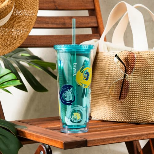 bzyoo SIP 24oz (710ml) Double Wall Plastic Tumbler with Lid and Straw Cold Drink Travel Mug Reusable Ice Coffee Tea Cup Perfect for Office Poolside Parties Gifts Color: Cyclone Green