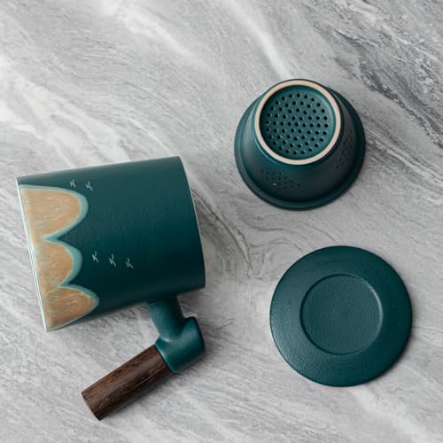 CERMIC Tea Infuser Mug with Lid，13.5oz Ceramic Tea Cup With Sandalwood Handle，Hand made Mountain Bird Pattern on Loose Leaf Tea Mug Tea Steeping Mug for gift (Green)