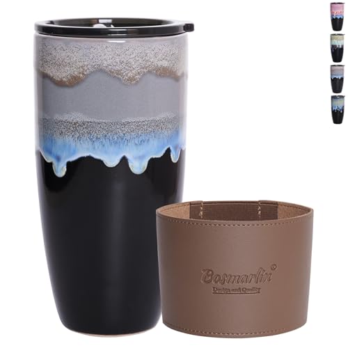 Bosmarlin Ceramic Travel Coffeel Mug with Lid, 21 oz, Portable Coffee Cup for Car Cup Holder, Microwave and Dishwasher Safe, Reactive Glaze