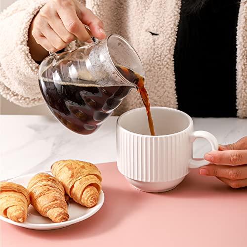 Hasense Ceramic Coffee Mugs Set of 4 with Rack - 15 oz Stackable Large Porcelain Ribbed Latte Cup Set for Cappuccino, Tea, Hot Cocoa, Drinks - Dishwasher & Microwave Safe, White