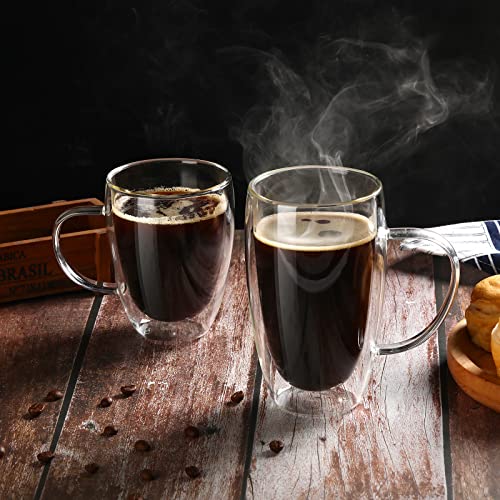 2-Pack 15 Oz Double Walled Glass Coffee Mugs with Handle,Large Insulated Layer Coffee Cups,Clear Borosilicate Mugs,Perfect for Cappuccino,Tea,Latte,Espresso,Hot Beverage,Wine,Microwave Safe