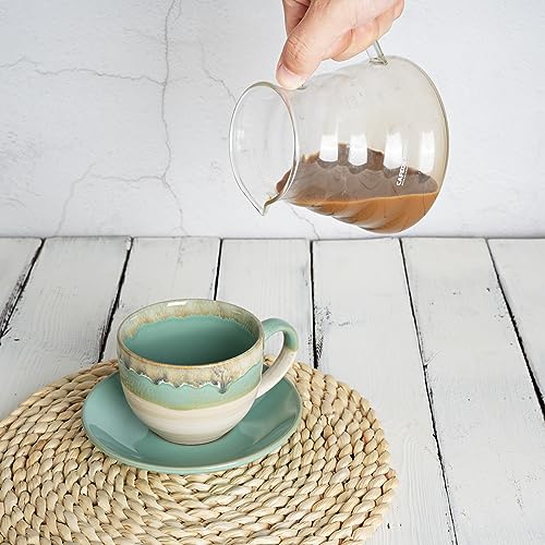 Bosmarlin Ceramic Cappuccino Cup and Saucer Set of 2, 10 Oz, Coffee Cups for Latte, Espresso, Tea, Dishwasher and Microwave Safe, Reavtive Glaze (Green)