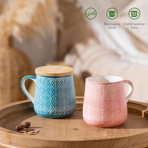 TERESA'S TEASET Coffee Mug with Lid Set of 2, 16.5 oz Ceramic Coffee Mugs with Handpainted Floral Pattern, Mugs Gift Set for Tea Lover, Woman and Couple, Microwave and Dishwasher Safe