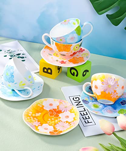 Noviko Cute Coffee Mug with Saucer,Ceramic Tea Cup Unique Coffee Mugs for Women (Orange Bulbous Orchids)