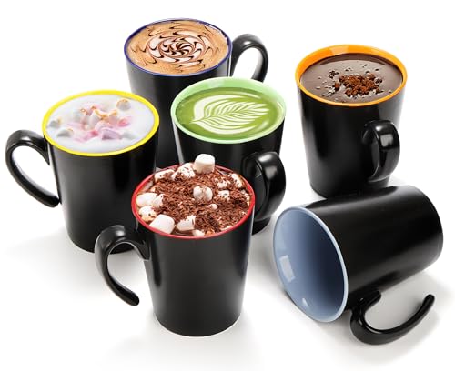 Yesland 6 Pack Ceramic Coffee Mug Set, 12 oz Restaurant Coffee Cups with Large Handle Drinking Cups for Tea, Latte, Cappuccino, Milk, Black Outside and Colorful Inside, Dishwasher and Microwave Safe