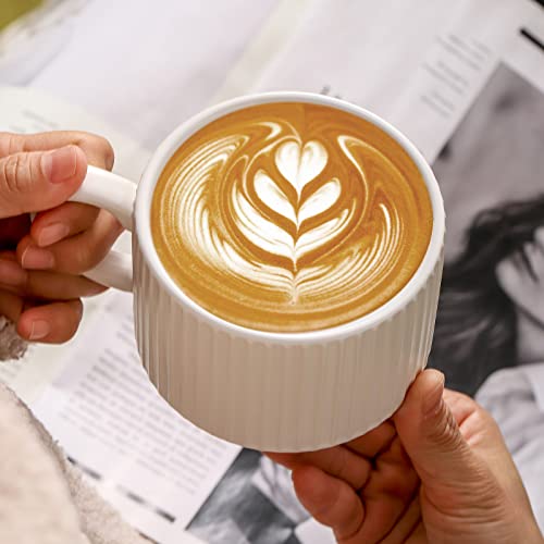 Hasense Ceramic Coffee Mugs Set of 4 with Rack - 15 oz Stackable Large Porcelain Ribbed Latte Cup Set for Cappuccino, Tea, Hot Cocoa, Drinks - Dishwasher & Microwave Safe, White