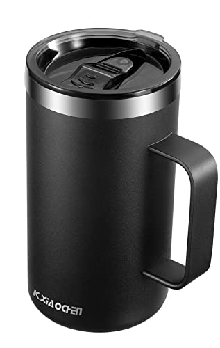 KXIAOCHEN 20oz Insulated Coffee Mug with Lid, Stainless Steel Coffee Cup, Double Wall Vacuum Coffee Tumbler with Handle, Premium Thermal Travel Coffee Mug (Black)
