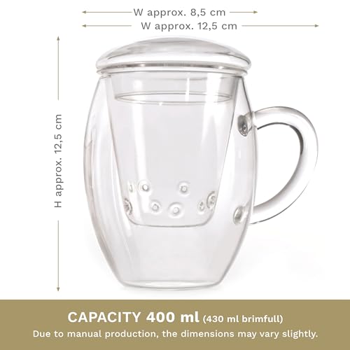 Creano Tea Glass with Infuser and Lid 400ml - Large Tea Cup - Microwave & Dishwasher Safe - Loose Leaf Tea Maker Gift Set