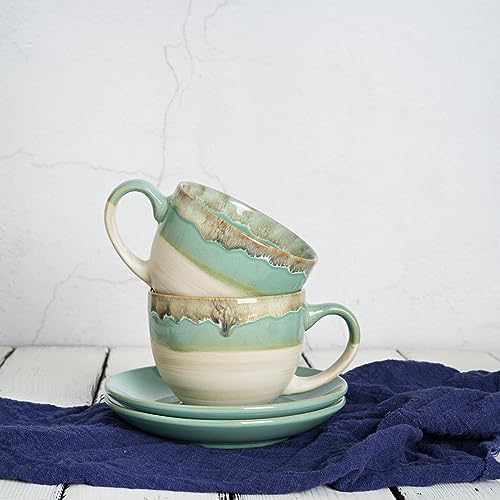 Bosmarlin Ceramic Cappuccino Cup and Saucer Set of 2, 10 Oz, Coffee Cups for Latte, Espresso, Tea, Dishwasher and Microwave Safe, Reavtive Glaze (Green)