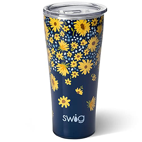 Swig Life 32oz Insulated Tumbler, Travel Coffee Tumbler with Lid, Cup Holder Friendly Travel Coffee Mug, Stainless Steel Thermos, 32 oz Tumbler, Reusable Insulated Coffee Mug with Lid (Lazy Daisy)