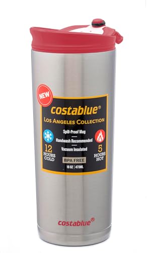 costablue Travel Coffee Mug - 16 Oz. Stainless Steel Insulated Coffee Mug, Leak Proof Tumbler w/Dishwasher Safe Lid, Double Wall Travel Coffee Cup, Reusable Insulated Tumbler for Hot & Cold Beverages