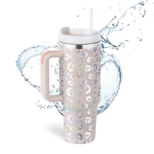 cudinham 40 oz Tumbler with Handle Lid Straw Insulated Stainless Steel Vacuum Keep Drinks Cold Coffee Cup Holder Friendly Gifts Car Gym Travel Women Lover Mom, Leopard Pink