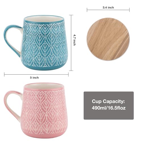 TERESA'S TEASET Coffee Mug with Lid Set of 2, 16.5 oz Ceramic Coffee Mugs with Handpainted Floral Pattern, Mugs Gift Set for Tea Lover, Woman and Couple, Microwave and Dishwasher Safe