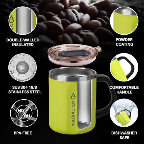 VOLCAROCK Coffee Mug with Handle and Lid, 16oz Spill Proof Coffee Cup with Powder Coating, Dishwasher Safe and BPA Free Tea Mug, Ideal Gift for Family and Friends (Lime)
