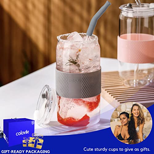 ColoVie Glass Tumbler with 3 IN 1 Lids and Glass Straws(Extra Silicone Tips), Silicone Protective Sleeve, Iced Coffee Cup, Travel Water Bottle, Soda Beer Can Shaped Cups, Hot Tea-Chalk Pink 20oz 1pc