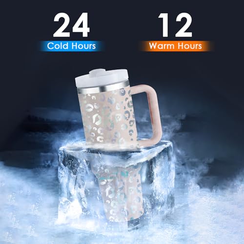 cudinham 40 oz Tumbler with Handle Lid Straw Insulated Stainless Steel Vacuum Keep Drinks Cold Coffee Cup Holder Friendly Gifts Car Gym Travel Women Lover Mom, Leopard Pink