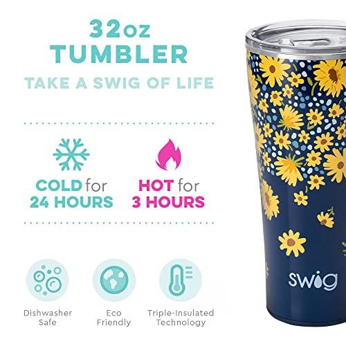 Swig Life 32oz Insulated Tumbler, Travel Coffee Tumbler with Lid, Cup Holder Friendly Travel Coffee Mug, Stainless Steel Thermos, 32 oz Tumbler, Reusable Insulated Coffee Mug with Lid (Lazy Daisy)