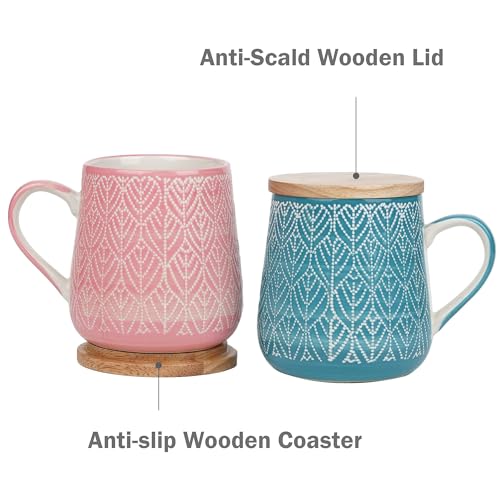 TERESA'S TEASET Coffee Mug with Lid Set of 2, 16.5 oz Ceramic Coffee Mugs with Handpainted Floral Pattern, Mugs Gift Set for Tea Lover, Woman and Couple, Microwave and Dishwasher Safe