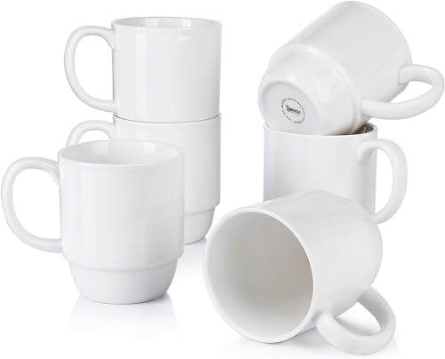 Sweese 21 Oz Large Coffee Mug, Porcelain Stackable Coffee Mugs Sets of 6, Coffee Cups with Handle for Coffee, Tea and Mulled Drinks, White