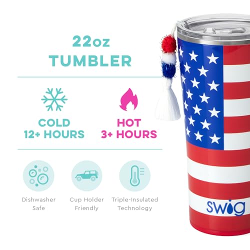 Swig Life 22oz Insulated Tumbler, Travel Coffee Tumbler with Lid, Cup Holder Friendly Travel Coffee Mug, Stainless Steel Thermos, 22 oz Tumbler, Reusable Insulated Coffee Mug with Lid (All American)