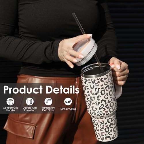 cudinham 40 oz Tumbler with Handle Lid Straw Insulated Stainless Steel Vacuum Keep Drinks Cold Coffee Cup Holder Friendly Gifts Car Gym Travel Women Lover Mom, Leopard Pink