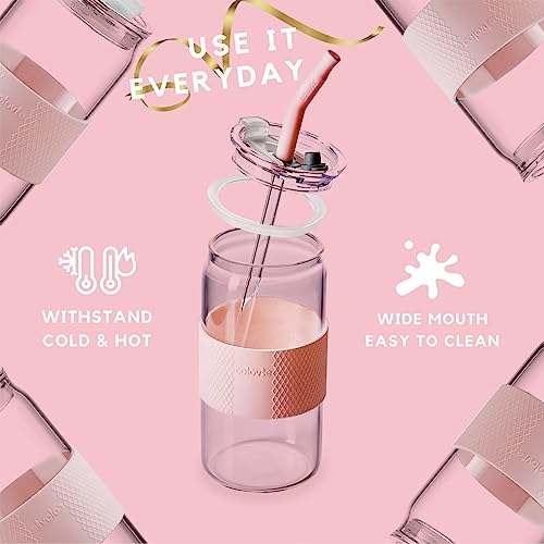 ColoVie Glass Tumbler with 3 IN 1 Lids and Glass Straws(Extra Silicone Tips), Silicone Protective Sleeve, Iced Coffee Cup, Travel Water Bottle, Soda Beer Can Shaped Cups, Hot Tea-Chalk Pink 20oz 1pc