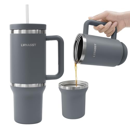 LVNASST Tumbler with Handle and Straw Lid, 2-IN-1 Reusable Coffee Travel Mug Leakproof, Insulated Stainless Steel Water Bottle Cup Holder Friendly, 30oz Top & 10oz Bottom (Grey)