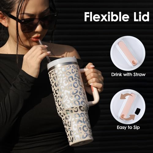 cudinham 40 oz Tumbler with Handle Lid Straw Insulated Stainless Steel Vacuum Keep Drinks Cold Coffee Cup Holder Friendly Gifts Car Gym Travel Women Lover Mom, Leopard Pink