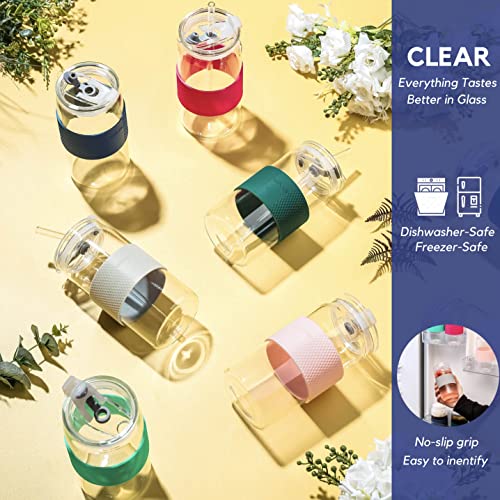 ColoVie Glass Tumbler with 3 IN 1 Lids and Glass Straws(Extra Silicone Tips), Silicone Protective Sleeve, Iced Coffee Cup, Travel Water Bottle, Soda Beer Can Shaped Cups, Hot Tea-Chalk Pink 20oz 1pc