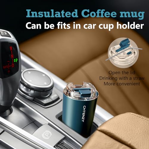 CHTENZY Travel Coffee Mug with Lid,Insulated Coffee Cup Fits in Car Holder,Leak Proof Thermos,Portable Double Wall Vacuum Cup,Enjoy Hot and Iced Drinks (Navy Blue,13oz)