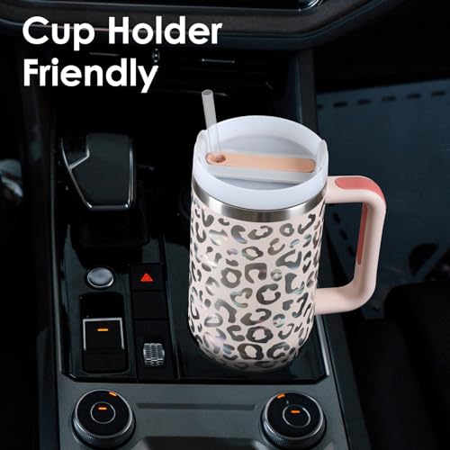 cudinham 40 oz Tumbler with Handle Lid Straw Insulated Stainless Steel Vacuum Keep Drinks Cold Coffee Cup Holder Friendly Gifts Car Gym Travel Women Lover Mom, Leopard Pink
