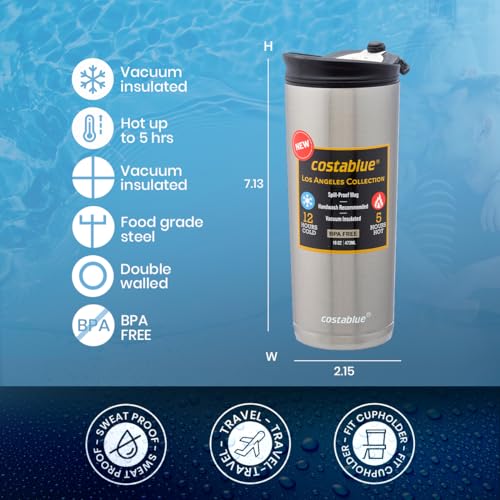 costablue Travel Coffee Mug - 16 Oz. Stainless Steel Insulated Coffee Mug, Leak Proof Tumbler w/Dishwasher Safe Lid, Double Wall Travel Coffee Cup, Reusable Insulated Tumbler for Hot & Cold Beverages