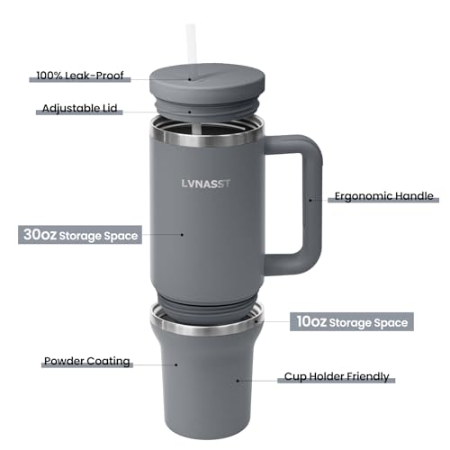 LVNASST Tumbler with Handle and Straw Lid, 2-IN-1 Reusable Coffee Travel Mug Leakproof, Insulated Stainless Steel Water Bottle Cup Holder Friendly, 30oz Top & 10oz Bottom (Grey)