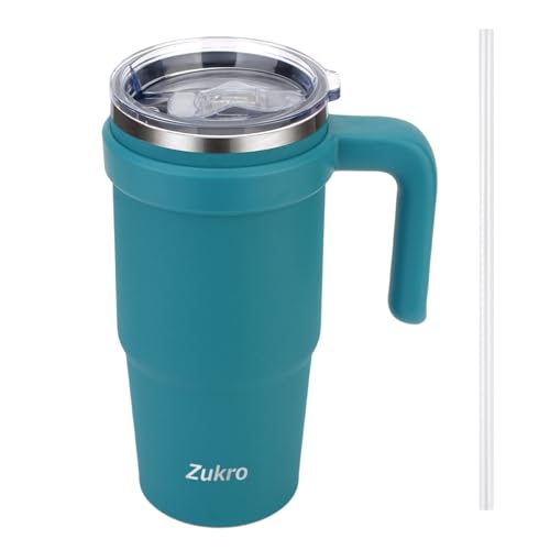 Zukro 24 oz Triple Insulated Tumbler with Handle - Leak Proof Stainless Steel Cup with Straw & Lid - No Sweat Double-wall Travel Mug for Hot and Cold Drinks - Dishwasher Safe, Cupholder Friendly, Teal
