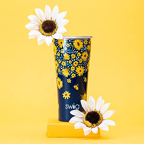 Swig Life 32oz Insulated Tumbler, Travel Coffee Tumbler with Lid, Cup Holder Friendly Travel Coffee Mug, Stainless Steel Thermos, 32 oz Tumbler, Reusable Insulated Coffee Mug with Lid (Lazy Daisy)