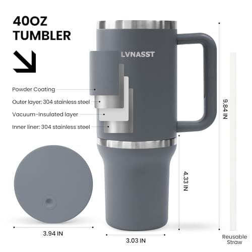 LVNASST Tumbler with Handle and Straw Lid, 2-IN-1 Reusable Coffee Travel Mug Leakproof, Insulated Stainless Steel Water Bottle Cup Holder Friendly, 30oz Top & 10oz Bottom (Grey)