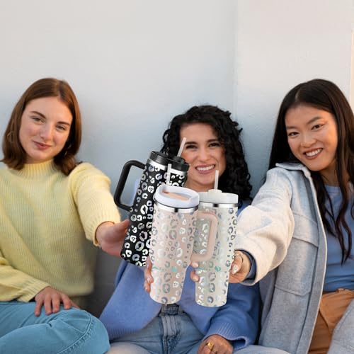 cudinham 40 oz Tumbler with Handle Lid Straw Insulated Stainless Steel Vacuum Keep Drinks Cold Coffee Cup Holder Friendly Gifts Car Gym Travel Women Lover Mom, Leopard Pink