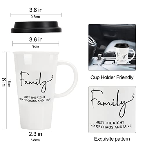 Buyajuju Travel Mug with Handle and Silicone Lid in Gift Box, Porcelain, Cup Holder Friendly, 16oz Tall Coffee Travel Mug Tumbler for Tea, Latte and Hot Chocolate On the Go, Labelled “ Family”