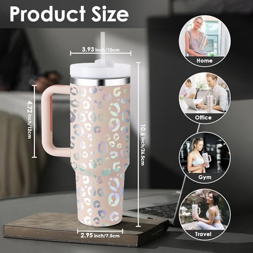 cudinham 40 oz Tumbler with Handle Lid Straw Insulated Stainless Steel Vacuum Keep Drinks Cold Coffee Cup Holder Friendly Gifts Car Gym Travel Women Lover Mom, Leopard Pink