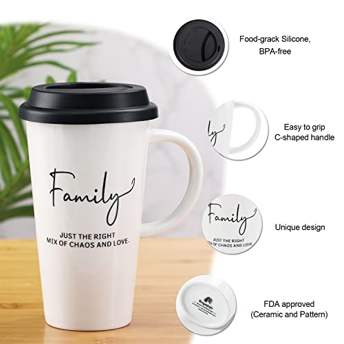 Buyajuju Travel Mug with Handle and Silicone Lid in Gift Box, Porcelain, Cup Holder Friendly, 16oz Tall Coffee Travel Mug Tumbler for Tea, Latte and Hot Chocolate On the Go, Labelled “ Family”