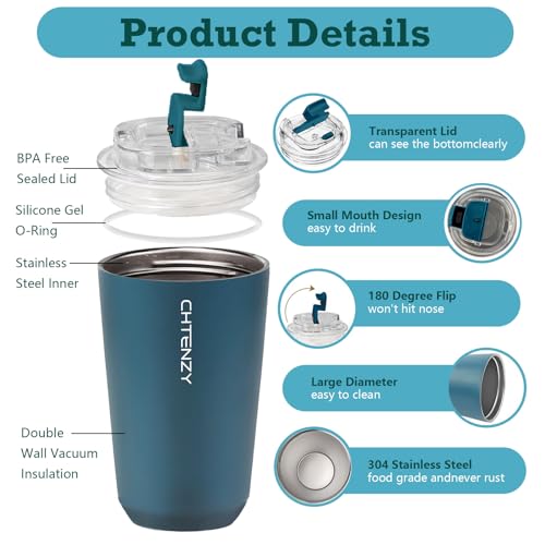 CHTENZY Travel Coffee Mug with Lid,Insulated Coffee Cup Fits in Car Holder,Leak Proof Thermos,Portable Double Wall Vacuum Cup,Enjoy Hot and Iced Drinks (Navy Blue,13oz)