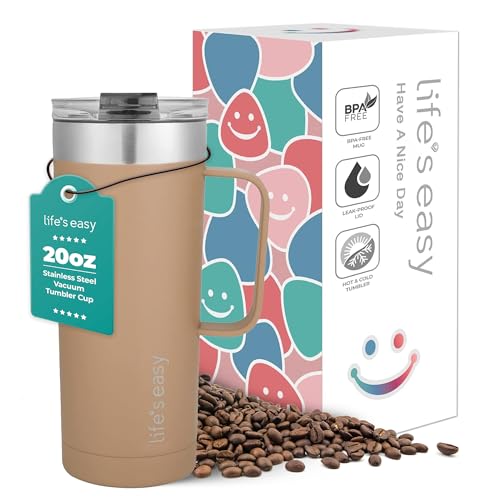 Life's Easy 20oz Stainless Steel Mug w/Handle - Double Wall Insulated Travel Tumbler w/Flip Lid - Leak Proof Tumbler - Thermal Cup for Coffee, Tea, Water & More - Keep Hot & Cold Drinks (Chestnut)