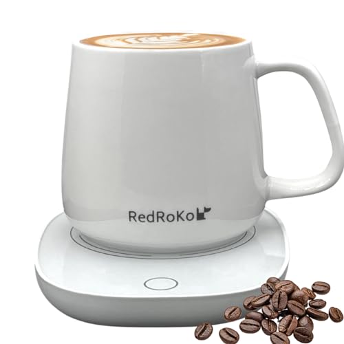 RedRoko Self Heating Mug with Lid - Smart Electric Office Desk Accessories, Temperature Controlled Warmer for Tea, Milk, Hot Chocolate, Travel-Friendly Coffee Cup for Women and Men - 13oz
